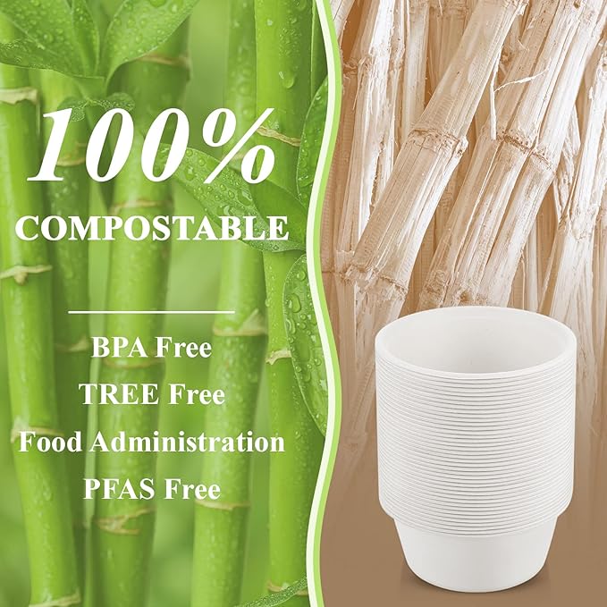Tessco for you 100 Pack 42 oz Large Disposable Salad Bowls Deep Heavy Duty Paper Bowls Sugarcane Fiber Compostable Biodegradable Microwave Safe for Hot Cold Soup Ramen Popcorn Pasta(White Color)