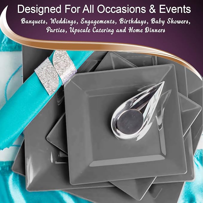 Disposable Plastic Dessert Plates -120 Plates -Heavy Duty Square Silver Salad Plates- 6.5" Appetizer Cake Plates Bulk Party Supplies For All Occasions