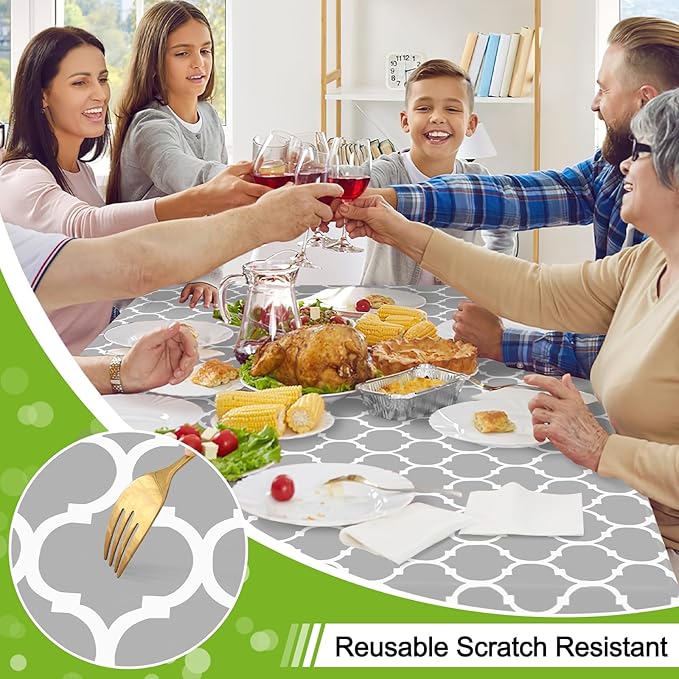 Smiry Round Plastic Table Cloth, Waterproof Vinyl Tablecloth with Flannel Backing for Round Tables, Wipeable & Spillproof for Dining, Camping, Indoor and Outdoor (60" Round, Light Grey)