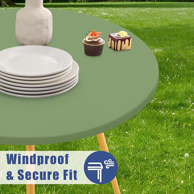 Round Spandex Tablecloth, Elastic Fitted Waterproof Tablecloths for 42"-50" Tables, Stretch Washable Picnic Table Cover for Camping, Dining, Indoor and Outdoor, Sage Green