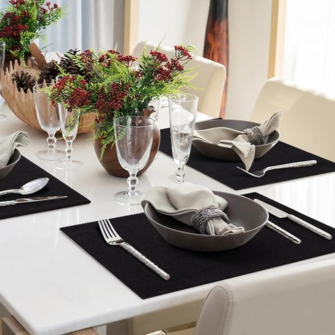 homing Cotton Linen Placemats Set of 4, Cloth Washable Farmhouse Dining Table Mats for Indoors & Outdoors, Easy to Clean, Black, 13 x 19 Inch
