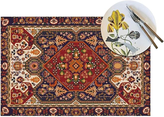 Persian Design Placemats Set of 6 Tribal Texture Boho Persian Rust Wipeable Table Mats Reusable Washable PVC Rectangle Place Mats for Kitchen Dining Home Decor 12x18 Inches
