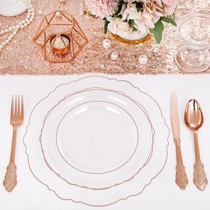 WDF 100pcs Rose Gold Plates Plastic Disposable - Baroque Clear and Rose Gold Plates for Parties or Weddings including 50PCS Dinner Plates 10.25’’ and 50PCS Salad Plates 7.5’’