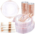 Nervure 350PCS Rose Gold Plastic Plates - Rose Gold Plastic Dinnerware Sets for 50 Guests - 100 Disposable Plates, 150 Silverware, 50 Cups, 50 Napkins Perfect for Wedding & Party