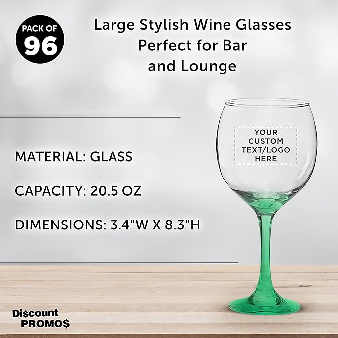 Custom Premiere Wedding Wine Glasses 20.5 oz Set of 96, Personalized Bulk Pack - Restaurant Glassware, Perfect for Red Wine or White Wine - Green