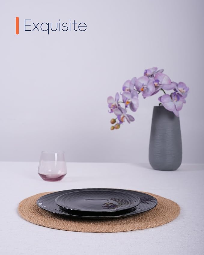 7.5 inch Appetizer Plate Set of 6, Opal Glass Round Geometric Faceted Small Black Plates for Salad Dessert, Kitchen, Dishwasher and Microwave Safe
