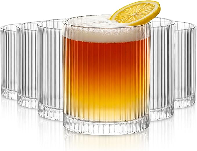 INSETLAN Ribbed Glass Tumblers Set of 6-14 oz Vintage Glassware, Clear Drinking Glasses for Wine, Juice, Cocktails, Water, Iced Coffee, Whiskey - Dishwasher Safe, Durable and Elegant