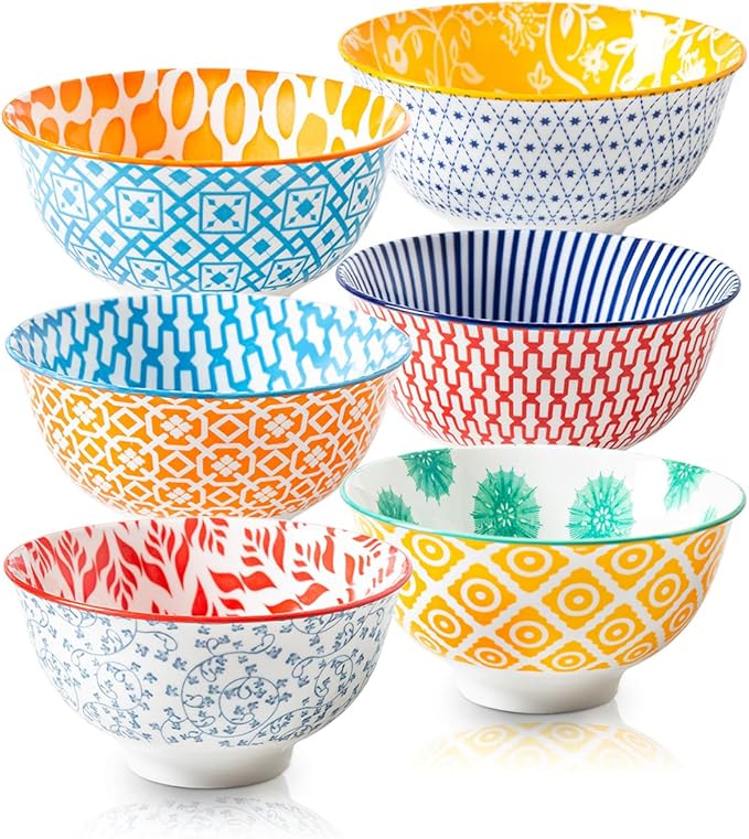 Ceramic Dessert Bowls Set - Small 12 Oz Cereal Bowls - 4.75 Inch Ice Cream Bowls for Fruit, Snack, Side Dishes, Dipping Sauce - Microwave Dishwasher Safe - Set of 6 - Assorted Colors