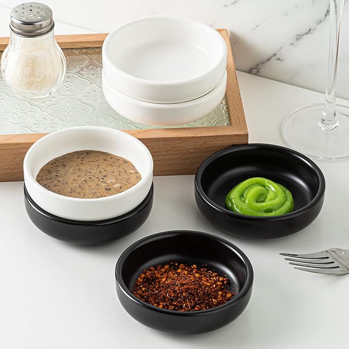 Dipping Bowls Set, Ceramic Dipping Sauce Dishes, 2 oz Soy Sauce Dish, Side Dish Bowls, Small Bowl/Dish for BBQ, Condiments, Appetizer, Dessert, Sushi, Set of 6 (Black)