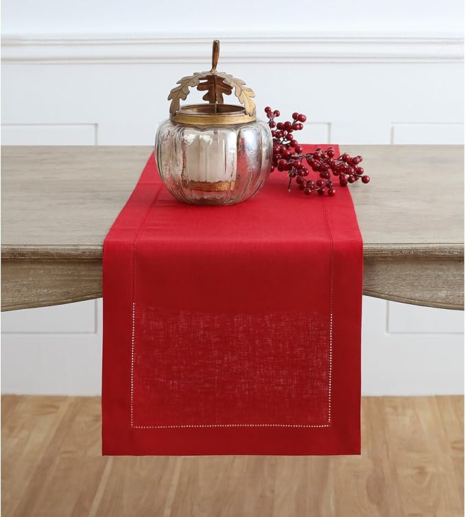 Solino Home Linen Red Table Runner 48 Inches - Classic Hemstitch, 100% Pure Linen Coffee Table Runner 14 x 48 Inch Ideal for Dresser Tables - Valentines, Winter