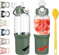 SIEROZUR 32 oz Glass Tumbler with Straw, Glass Water Bottles with 2 Lids-Handle Spout Lid & Straw Lid, 1 Liter Motivational Water Bottles, Silicone Sleeve, Fits Car Cup Holder,Olive