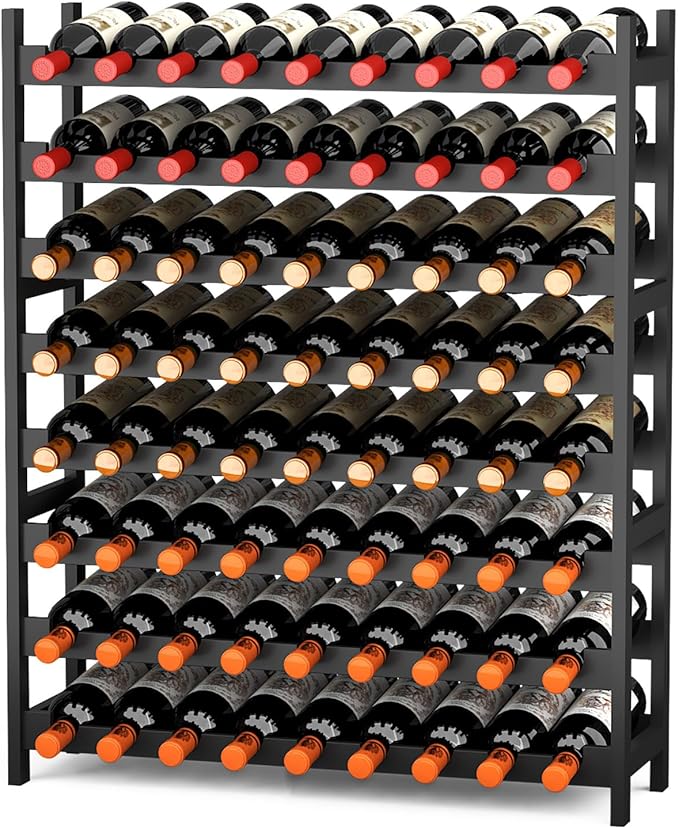 Wine Rack Freestanding Floor, Bamboo 8-Tier 69 Wine Bottle Holder Racks Countertop Cabinet Display, Wooden Stackable Modular Wine Storage Organizer Shelves for Kitchen Bar Cellar Dining Room Black