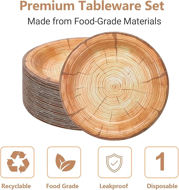 120 Pcs Wood Grain Paper Plates 7 Inch Farmhouse Round Disposable Plates Rustic Wood Slice Dish for Lumberjack Birthday, Christmas Dinner Supplies for Baby Shower, Woodland Party