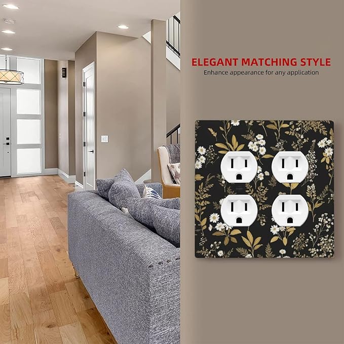 Light Switch Cover Black/Gold Boho Botanical Floral Rustic Flowers 2 Gang Decorative SwitchPlates Double Duplex Wall Plates Switch Plates and Outlet Covers for Bathroom Kitchen Decor