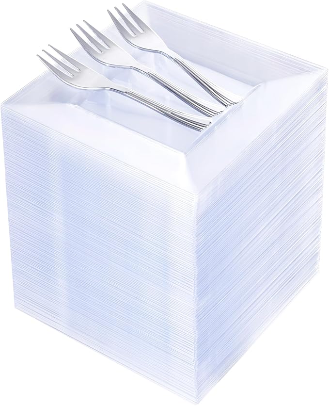 supernal 200pcs Clear Dessert Plates with Silver Dessert Fork, Clear Square Plates, Appetizer Plates,Silver Plastic Silverware, Perfect Choice for Wedding and Party
