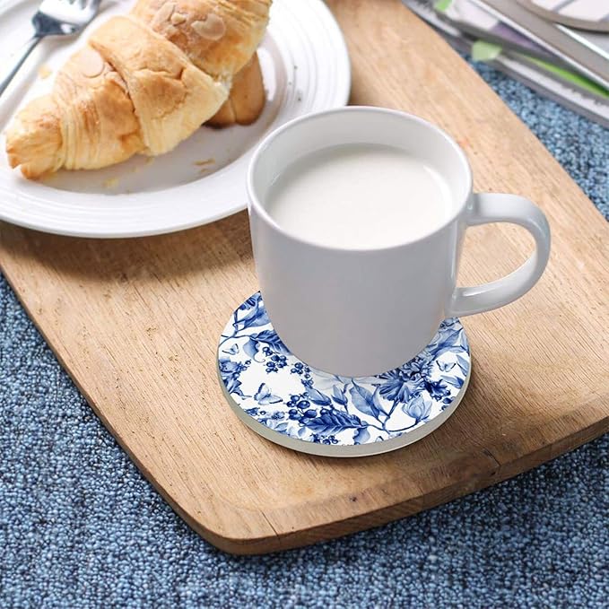 Coasters for Drinks Cup Coaster Mat Round Cups Cork Backing Pad for Coffee Table Desk Home Decor Blue White Flowers Butterfly