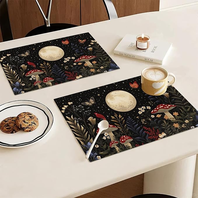 Mushroom Botanical Placemats Set of 4, Mushroom Plants Leaves Butterfly Place Mats, Moon Waterproof Washable Table Mats for Home Party Indoor Kitchen Dining Table Decoration 12x18 Inch