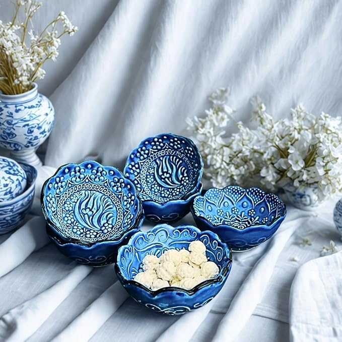 Handmade Decorative Turkish Ceramic Mini Pinch Bowls Set of 6 – Small Dipping & Serving Sauce Bowls, Blue Charcuterie Accessories, Hand-Painted Floral Pattern Snack Dishes for Kitchen & Table Decor