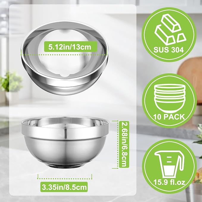 Stainless Steel Bowls Bulk, 10 Pack 5.1in 15.9oz 470ml Mini Small SUS304 Double Wall Insulated Stackable Metal Eating Bowl Containers for Restaurant Serving Snacks Ice Cream Soup Cereal Rice