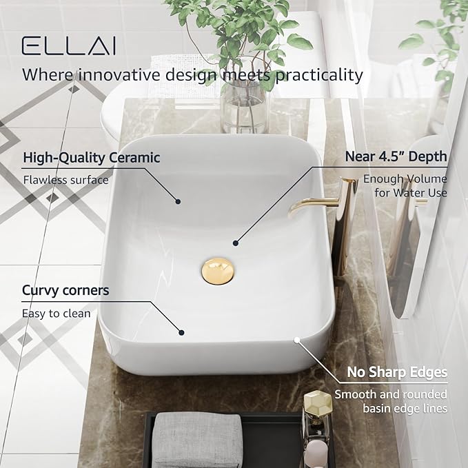 ELLAI Bathroom Vessel Sink Rectangle Above Counter Porcelain Ceramic Top Mount Rectanglar Countertop Sink for Bathroom 19.7"x15.2"x5.4" Glossy White