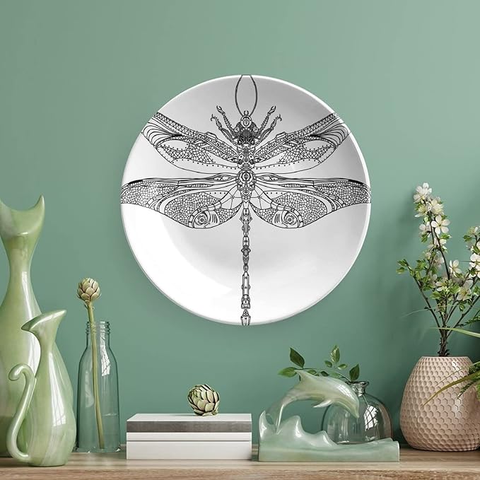 Ceramic Display Plate, Abstract Ceramic Hanging Decorative Plate, Animal Steampunk Dragonfly Pattern, 10 Inch, Living Room Kitchen Decoration Household, Black White