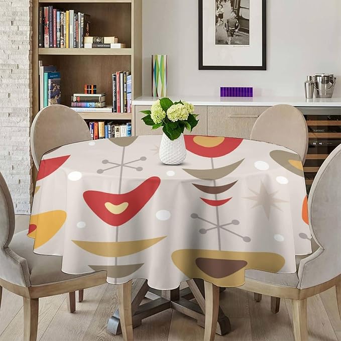 Retro Mid Century Round Tablecloth, Abstract Rustic Colorful Geometric Print Tablecloth for Home Party Dining Room Kitchen Decor 60Inch(152cm)