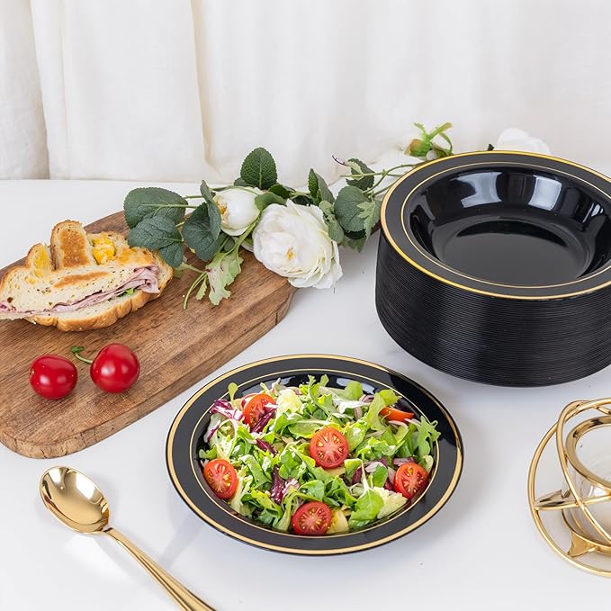 bUCLA 120 Pack Disposable Plastic Bowls 12oz - Black with Gold Trim Plastic Party Bowls for Salad, Soup, Dessert, Picnic, Catering, Ideal for Party & New Year