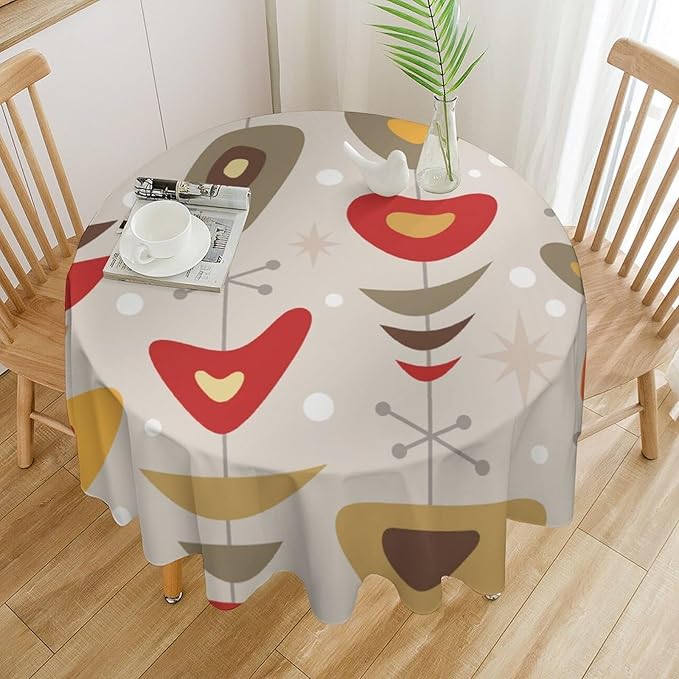 Retro Mid Century Round Tablecloth, Abstract Rustic Colorful Geometric Print Tablecloth for Home Party Dining Room Kitchen Decor 60Inch(152cm)