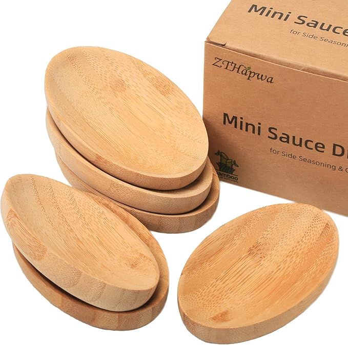 Mini Serving Dishes, Bamboo Small Appetizer Plates for Desserts/Charcuterie/Snacks, Dipping Sauce Bowls Set for Condiments/Spice/Tomato Sauce, Mini Sushi Plates, 1 oz 6 Pcs