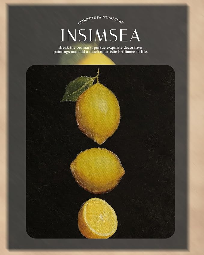 InSimSea Gold Framed Wall Art, Lemon Kitchen Wall Shelf Decor, Dark Moody Still Life Canvas Print Art, Dining Room Farmhouse Decor, Antique Paintings with Picture Frame 13x16inch