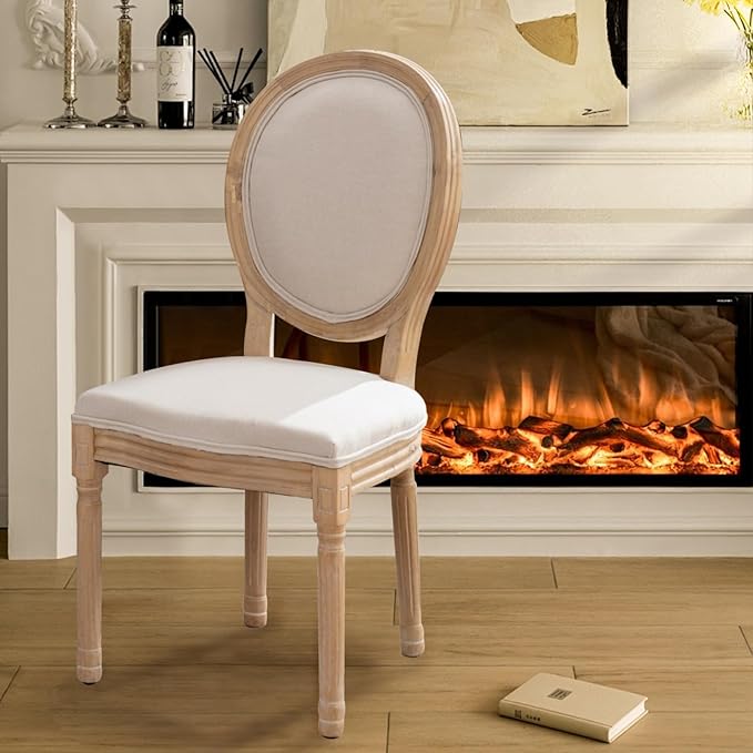 SoarFlash French Dining Chairs Set of 2, Vantage Dining Chair with Round Back, Wood Leg Farmhouse Country Dining Chair for Kitchen,Bedroom,Beige