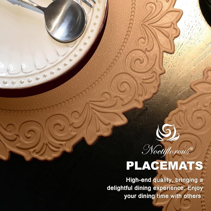 Noctiflorous Round Faux Leather 15 Inch Placemats Set of 4 Waterproof Wipeable Heat Resistant Tablemat for Dining Table Kitchen Non Slip Washable Oilproof Table Place Mat(Umber Brown, 4)