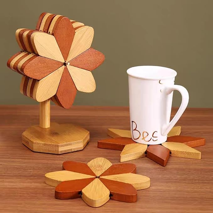 Wooden Placemats - Tree Washer Set, Wooden Pinwheel Coaster Set with Stand for Easy Storage - for Fondue pots, Pans, Bowls, teapots, Warming Trays - Versatile Decorations (Windmill placemats 5 pcs)