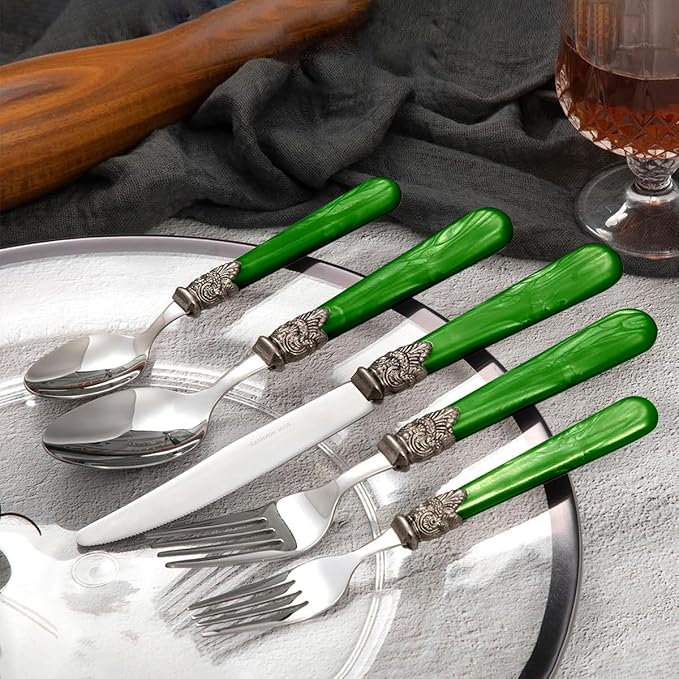 20 pieces 18/10 Stainless Steel Silverware Sets With Deep Green Handle,Vintage Cutlery Sets,Sliverware set Service for 4,Dishware Safe (20, Deep Green)
