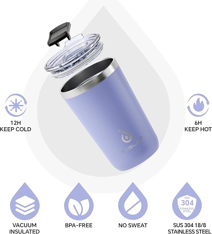Ideus 20 oz Tumbler, Travel Coffee Mug with Splash Proof Sliding Lid, Double Wall Stainless Steel Vacuum Insulated Coffee Mug for Home and Office, Keep Beverages Hot or Cold, Lavender Purple