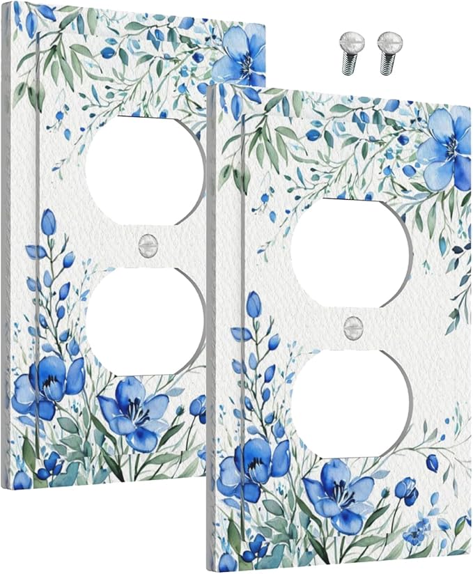 Outlet Covers Blue Watercolor Flowers Retro Floral Leaves 1 Gang Duplex Light Switch Cover Plate Decorative Wall Plates Electrical Switchplate Receptacle for Bathroom Bedroom Decor（2 Pack）