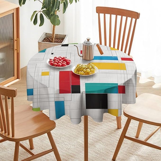 Mid Century Round Tablecloth, Abstract Geometric Mid Century Retro 50S 60S Tablecloth for Home Party Dining Room Kitchen Decor 60Inch(152cm)