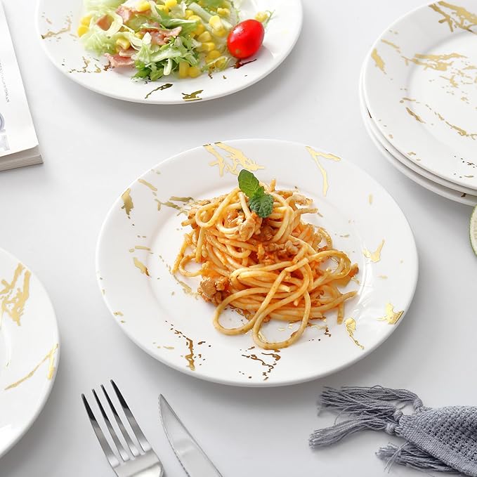 Modern 6-Piece Dinner Plate Set, 10-Inch White Marble Ceramic Plates with Gold Rim, Elegant Appetizer Salad Dessert Plates for Everyday Dining & Party.