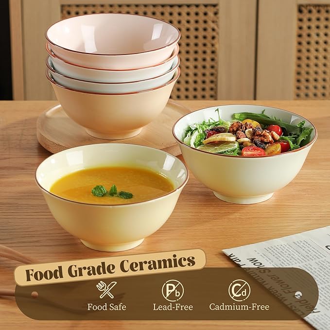 Ceramic Cereal Bowl Set of 6 - Porcelain Soup Bowls with Candy Hue - 6.25 Inch Ideal for Salad, Oatmeal, Ramen, Noodle - Microwave and Dishwasher Safe - 23 OZ