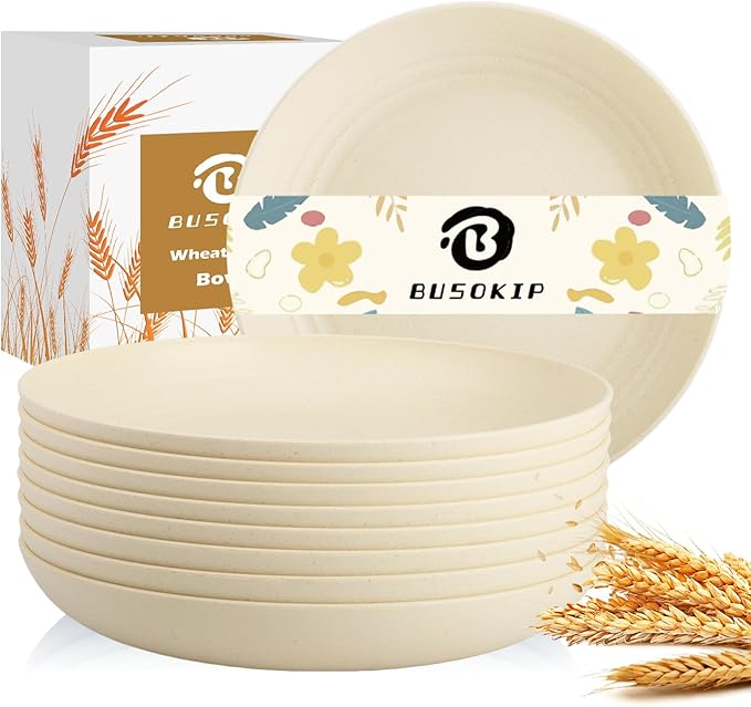 Deep Dinner Plates Set of 8, Wheat Straw Plate 9 Inch, Lightweight and Unbreakable Plastic Plate Reusable, Microwave & Dishwasher Safe Camping Plates for Picnic, Outdoor, Travel (Beige)