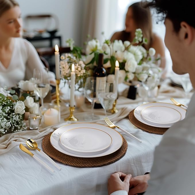 100 PCS Gold and White Plastic Plates, 7 inch White Disposable Plates for Party, Plastic Dessert/Salad Plates