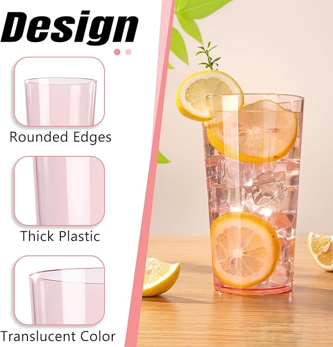 Liacere Plastic Drinking Glasses Set of 12-18oz Highball Pink Reusable Plastic Glasses Colors, Water Glasses Cups,Tumbler Glassware Set for Beer, Juice, Cocktail, Milk for Mother's Day Valentine’s Day