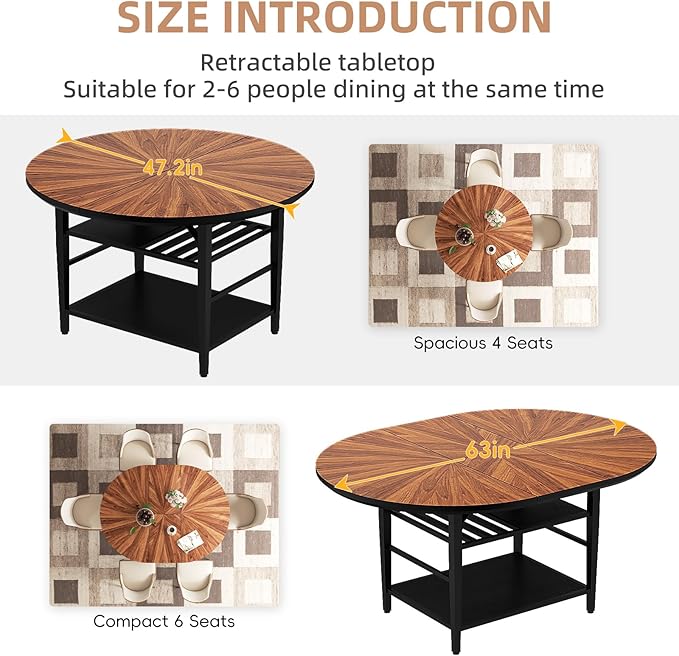 VFK 47.2"-63" Extendable Round Dining Table Set for 4–6, Solid Wood & Metal Table with Wine Rack Storage Shelf, Walnut Kitchen Furniture with 4 Upholstered Chairs (Storage Table and 4 Brown Chairs)
