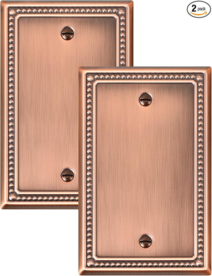 2-Pack Blank Outlet Cover Wall Plate, Metal Switch Plates Outlet Covers, Antique Copper Pearls Beaded Decorative Wall Plates for Electrical Outlets