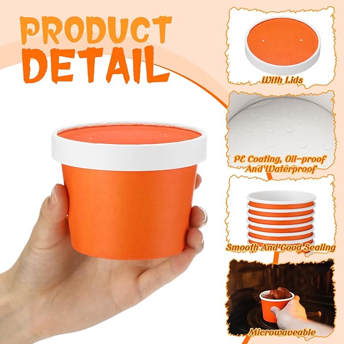 Fulmoon 100 Pack Paper Soup Containers with Lids Disposable Paper Food Containers with Vented Lid Kraft Ice Cream Cake Dessert Cups Soup Bowl for Party Hot Food Fruit Microwave(8 oz,Orange)