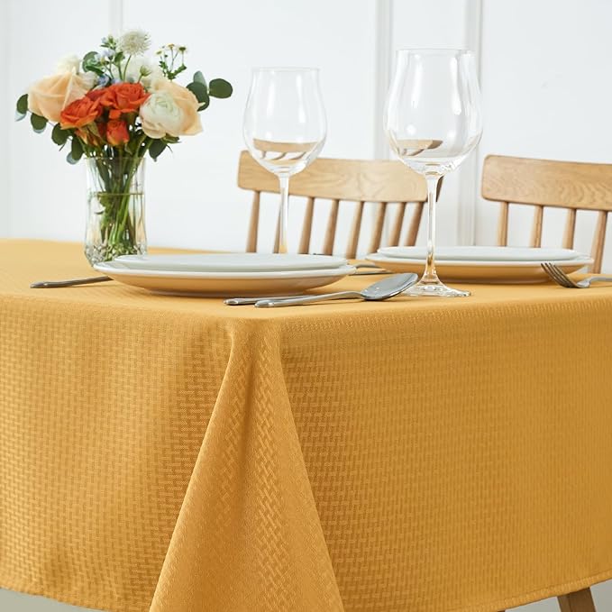 maxmill Tablecloth Weaved Texture Stain Resistant Waterproof, Wrinkle Resistant Washable Table Cloth, Fabric Table Cover for Dining Room, Indoor Outdoor Use, Rectangle 60 x 120 Inch, Ochre Yellow