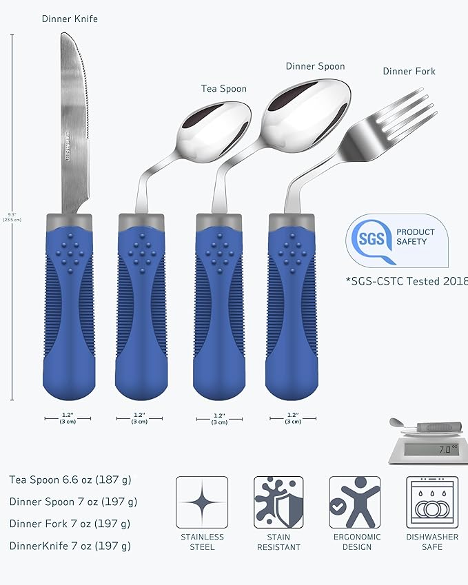 Adaptive Utensils (4-Piece Set) Weighted 7 oz - 42° Angled Utensils for Parkinson's Patients, Hand Tremors, Arthritis & Elderly - Eating Utensils for Elderly (Blue: Left Handed)