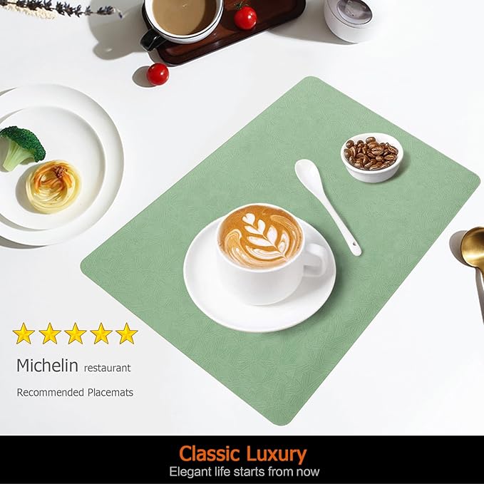 Vinyl Placemats Set of 12 Faux Leather 100% Waterproof Wipeable Washable Place Mats Heat Resistant Easy Clean Non-Slip Table Mats for Indoor Outdoor. (12, Green)