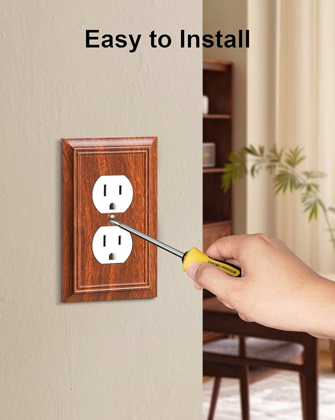 2-Pack Duplex Outlet Cover Plate, Decorative Wood Grain Switch Plates and Outlet Covers, Natural Bamboo Fiber Wall Plates for Electrical Outlets, 1 Gang Receptacle Cover, Corrosion Resistant