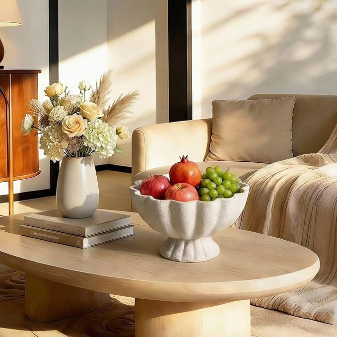 Pedestal Decorative Bowl Home Decor - Morden Handicraft Decorative Fruit Bowl for Kitchen Counter, Chic Ruffle Bowl Centerpiece Decor for Dining Table Coffee Table (Spotted White)